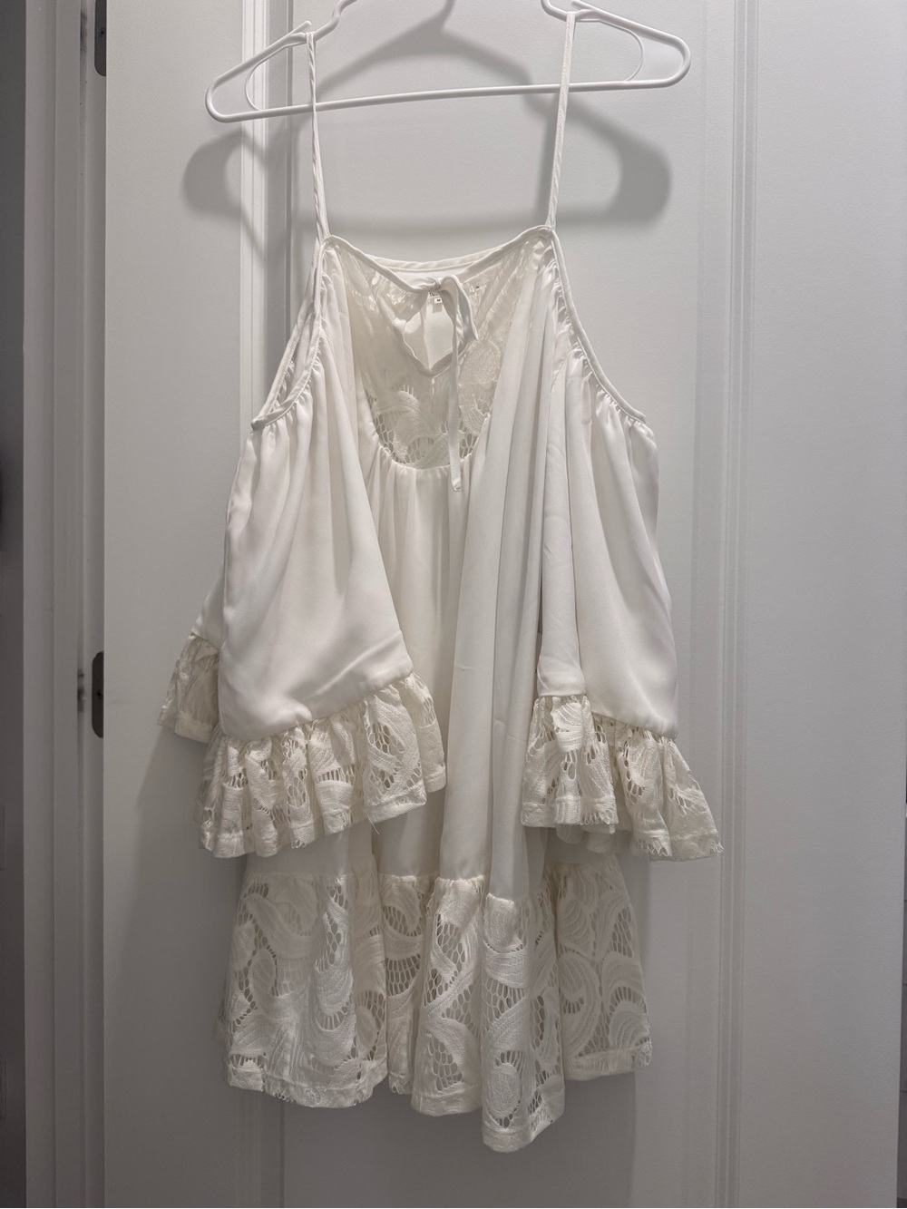 Tularosa Cream Lace-Trim Cold-Shoulder Slip Dress